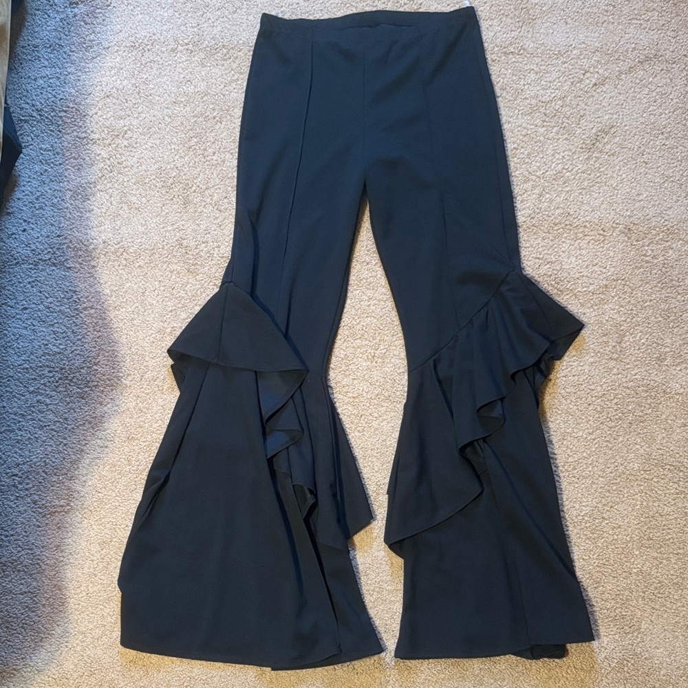 Ruffle Flare Wide-Leg Pants - Black